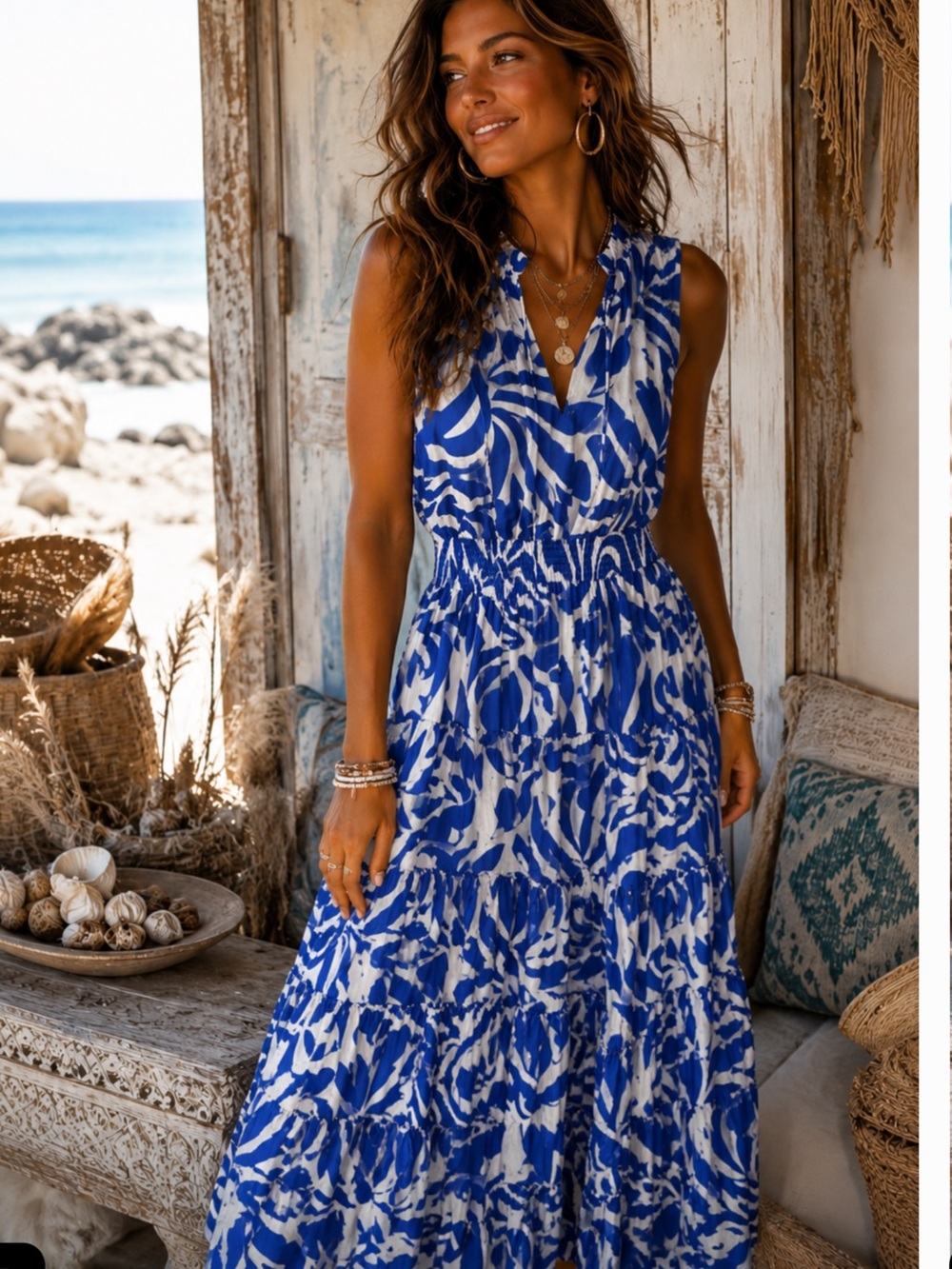 1State V-neck Blue & White Printed Sun Dress with Smocked Waist, size M, $50